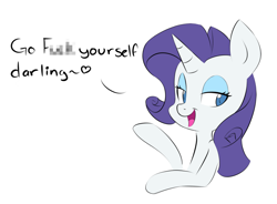 Size: 1000x734 | Tagged: safe, artist:hidden-cat, character:rarity, species:pony, species:unicorn, bedroom eyes, censored, darling, dialogue, female, heart, looking at you, mare, open mouth, reaction image, simple background, smiling, solo, spoken heart, vulgar, white background