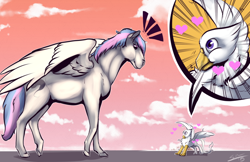 Size: 1024x663 | Tagged: safe, artist:blindcoyote, oc, oc only, oc:der, oc:starburn, species:griffon, species:pegasus, species:pony, :t, exclamation point, heart, looking up, micro, smiling, spread wings, wide eyes, wings