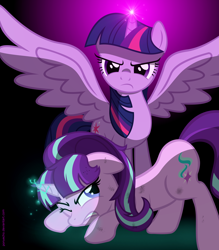 Size: 3500x4000 | Tagged: safe, artist:ponyecho, character:starlight glimmer, character:twilight sparkle, character:twilight sparkle (alicorn), species:alicorn, species:pony, bad end, face down ass up, female, harsher in hindsight, magic, mare, show accurate