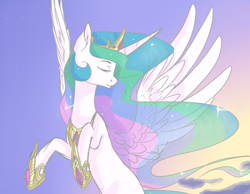 Size: 1262x978 | Tagged: safe, artist:nika-rain, character:princess celestia, species:alicorn, species:pony, ear fluff, eyes closed, female, flying, mare, rearing, sky, solo, spread wings, sunrise, wings