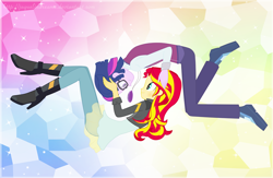 Size: 1000x651 | Tagged: dead source, safe, artist:jaquelindreamz, character:sunset shimmer, character:twilight sparkle, character:twilight sparkle (scitwi), oc:dusk shine, species:eqg human, ship:sunsetsparkle, equestria girls:friendship games, g4, my little pony: equestria girls, my little pony:equestria girls, blushing, boots, clothing, crystal prep academy, crystal prep academy uniform, duskshimmer, equestria guys, female, glasses, half r63 shipping, jacket, male, masterpiece, rule 63, school uniform, sci-dusk, shipping, shoes, straight, trash