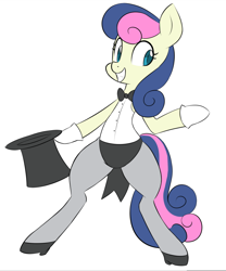 Size: 760x914 | Tagged: safe, artist:hidden-cat, character:bon bon, character:sweetie drops, species:earth pony, species:pony, episode:all's fair in love & friendship games, equestria girls:friendship games, g4, my little pony: equestria girls, bipedal, bow tie, clothing, female, gloves, hat, mare, pantyhose, ponified, shoes, simple background, solo, top hat, white background