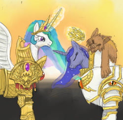 Size: 1801x1760 | Tagged: safe, artist:sensko, character:princess celestia, character:princess luna, species:pony, armor, crossover, duo, ethereal mane, eyes closed, female, galaxy mane, god empress of ponykind, god-emperor of mankind, horus heresy, horus lupercal, laurel wreath, magic, magic aura, mare, power armor, powered exoskeleton, royal sisters, siblings, sisters, smiling, spread wings, telekinesis, terminator armor, this will end in heresy, traditional art, warhammer (game), warhammer 30k, warhammer 40k, wings