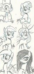 Size: 563x1200 | Tagged: safe, artist:ponygoddess, character:apple bloom, character:derpy hooves, character:scootaloo, character:spike, character:sweetie belle, oc, oc:sappho, species:pegasus, species:pony, cutie mark crusaders, female, mare, monochrome