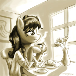 Size: 1000x1000 | Tagged: dead source, safe, artist:pluckyninja, character:octavia melody, species:earth pony, species:pony, bed mane, bedroom eyes, chair, clothing, croissant, cup, drink, female, flower, food, mare, monochrome, morning, morning ponies, plate, sitting, smiling, solo, table, tea, vase, vest, window