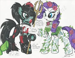Size: 1024x791 | Tagged: safe, artist:ponygoddess, character:rarity, oc, oc:sappho, aquaman, clothing, cosplay, costume, dialogue, hair over one eye, harley quinn, latex, poison ivy, trident, violence