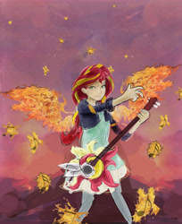 Size: 7556x9240 | Tagged: safe, artist:owlvortex, character:sunset shimmer, my little pony:equestria girls, absurd resolution, female, fire, guitar, music notes, solo, sunset phoenix, sunset shredder