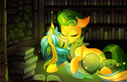 Size: 5100x3300 | Tagged: safe, artist:starshinebeast, oc, oc only, oc:avalon, oc:echo, species:changeling, species:pony, species:unicorn, book, changeling oc, equestria2101, female, interspecies, kissing, library, love, magic, male, oc x oc, shipping, sparkles, straight