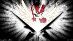 Size: 4086x2304 | Tagged: safe, artist:exnaider, artist:tygerbug, artist:zutheskunk edits, oc, oc only, oc:fausticorn, species:alicorn, species:pony, female, lens flare, magic, mare, signature, smiling, solo, spread wings, vector, wallpaper, wings