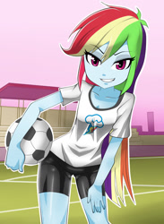 Size: 1320x1800 | Tagged: safe, artist:nekojackun, character:rainbow dash, species:human, my little pony:equestria girls, ball, beautiful, beautisexy, bedroom eyes, cleavage, clothing, compression shorts, confident, cutie mark on clothes, female, football, hand on thigh, hips, long hair, looking at you, purple eyes, sexy, shirt, smiling, smirk, soccer field, solo, t-shirt
