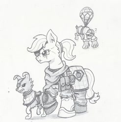 Size: 800x811 | Tagged: safe, artist:sensko, character:applejack, character:winona, species:diamond dog, species:dog, species:earth pony, species:pony, big boss, black and white, d-dog, eye scar, eyepatch, fulton surface-to-air recovery system, grayscale, konami, metal gear, metal gear solid 5, monochrome, pencil drawing, ponified, scar, traditional art, venom snake