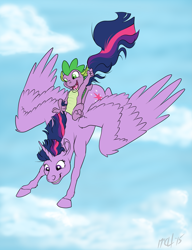 Size: 1487x1937 | Tagged: safe, artist:carnivorouscaribou, character:spike, character:twilight sparkle, character:twilight sparkle (alicorn), species:alicorn, species:dragon, species:pony, cute, dragons riding ponies, female, flying, mare