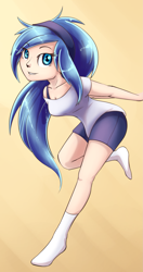 Size: 1017x1920 | Tagged: safe, artist:lovelyneckbeard, character:princess luna, species:human, bra strap, clothing, female, headband, humanized, looking at you, shirt, shorts, smiling, socks, solo