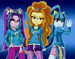 Size: 2300x1800 | Tagged: safe, artist:nekojackun, character:adagio dazzle, character:aria blaze, character:sonata dusk, my little pony:equestria girls, canterlot high, clothing, looking at you, skirt, sweater, the dazzlings, wondercolts