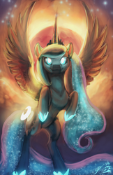 Size: 1024x1583 | Tagged: safe, artist:blindcoyote, character:princess luna, blood moon, female, glowing eyes, moon, solo, stars