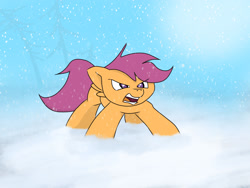 Size: 2048x1536 | Tagged: safe, artist:fuzzyfox11, character:scootaloo, species:pegasus, species:pony, badass, female, growling, scootaloo is not amused, snow, snowfall, solo