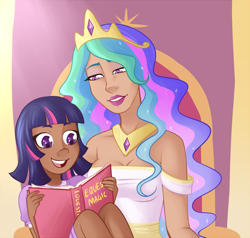 Size: 800x761 | Tagged: safe, artist:emberfan11, character:princess celestia, character:twilight sparkle, species:human, alternate hairstyle, book, child, crown, dark skin, female, humanized, jewelry, lipstick, momlestia, open mouth, regalia, younger