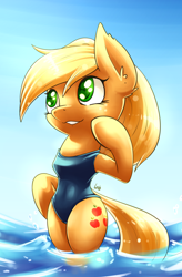 Size: 1262x1920 | Tagged: safe, artist:lovelyneckbeard, character:applejack, species:anthro, clothing, female, hind legs, one-piece swimsuit, solo, swimsuit, water