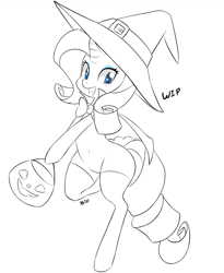 Size: 747x912 | Tagged: safe, artist:hidden-cat, character:rarity, species:anthro, clothing, female, halloween, hat, monochrome, socks, solo, wip