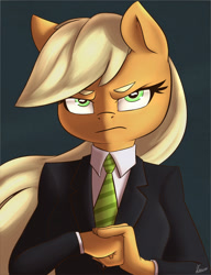 Size: 800x1040 | Tagged: safe, artist:atane27, character:applejack, species:anthro, business suit, clothing, cracking knuckles, female, glare, looking at you, serious face, solo, suit, this will end in pain