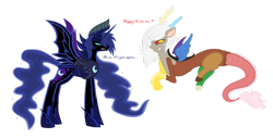 Size: 900x459 | Tagged: dead source, safe, artist:jaquelindreamz, character:discord, character:nightmare moon, character:princess luna, oc:eris, species:alicorn, species:draconequus, species:pony, arteris, darkhorse knight, dialogue, prince artemis, rule 63, simple background, transparent background