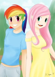 Size: 825x1155 | Tagged: safe, artist:kprovido, character:fluttershy, character:rainbow dash, species:human, breasts, clothing, delicious flat chest, dress, duo, female, flattershy, humanized, midriff, palindrome get, short shirt, small breasts