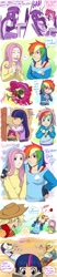 Size: 600x2858 | Tagged: safe, artist:hazurasinner, character:applejack, character:fluttershy, character:pinkie pie, character:rainbow dash, character:rarity, character:twilight sparkle, oc, oc:windy belle, parent:fluttershy, parent:rainbow dash, parents:flutterdash, species:earth pony, species:human, species:pony, ship:flutterdash, blushing, book, brony, clothing, comic, computer, dialogue, female, fingerless gloves, fourth wall, gloves, groucho mask, humanized, lesbian, magical lesbian spawn, mare, offspring, overalls, pillow fight, scene interpretation, shipping, sweater, sweatershy