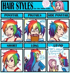 Size: 731x760 | Tagged: safe, artist:hazurasinner, character:fluttershy, character:rainbow dash, species:human, 20% cooler, alternate hairstyle, bow, brushie, chibi, clothing, cute, female, fingerless gloves, gloves, hair, hair style meme, humanized, long hair, makeover, meme, meme chart, pigtails, ponytail, short hair, side ponytail, sigh