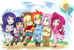 Size: 1112x755 | Tagged: safe, artist:hazurasinner, character:applejack, character:fluttershy, character:pinkie pie, character:rainbow dash, character:rarity, character:twilight sparkle, species:human, balloon, belly button, chibi, clothing, converse, cute, female, humanized, mane six, midriff, shoes, skirt, sneakers