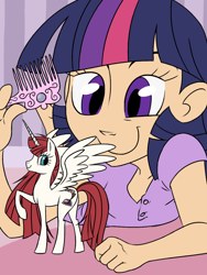 Size: 768x1024 | Tagged: safe, artist:thelivingmachine02, character:twilight sparkle, oc, oc:fausticorn, species:alicorn, species:human, species:pony, comb, cute, doll, duo, faustabetes, female, gimp, humanized, lauren faust, role reversal, smiling, solo, twiabetes