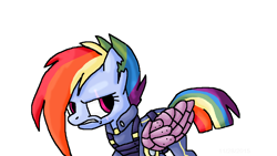 Size: 1280x720 | Tagged: safe, artist:mojo1985, character:rainbow dash, episode:the cutie re-mark, amputee, apocalypse dash, artificial wings, augmented, clothing, crystal war timeline, glare, gritted teeth, mechanical wing, prosthetic limb, prosthetic wing, prosthetics, scar, torn ear, uniform, wings
