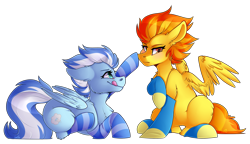 Size: 2893x1665 | Tagged: safe, artist:shyshyoctavia, character:spitfire, oc, oc:cloudburst, species:pegasus, species:pony, blushing, boop, clothing, prone, socks, striped socks, tongue out