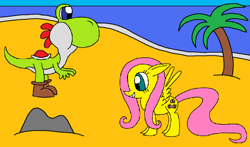 Size: 1024x602 | Tagged: safe, artist:killerbug2357, character:fluttershy, 1000 hours in ms paint, crossover, ms paint, super mario bros., yoshi, yoshi shy