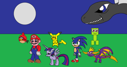 Size: 1024x535 | Tagged: safe, artist:killerbug2357, character:sonic the hedgehog, character:twilight sparkle, character:twilight sparkle (alicorn), species:alicorn, species:pony, 1000 hours in ms paint, angry birds, creeper, crossover, female, godzilla, godzilla (series), kaiju, mare, mario, minecraft, ms paint, pikachu, pokémon, red bird, sonic the hedgehog (series), spyro the dragon, super mario bros.