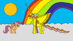 Size: 1024x576 | Tagged: safe, artist:killerbug2357, character:scootaloo, oc, oc:katherine, species:alicorn, species:pegasus, species:pony, 1000 hours in ms paint, alicorn oc, ms paint, wrong cutie mark