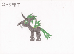 Size: 680x493 | Tagged: safe, artist:killerbug2357, oc, oc only, oc:q-bert, species:changeling, green changeling, solo, traditional art