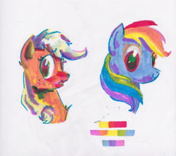 Size: 2527x2248 | Tagged: safe, artist:explonova, character:applejack, character:rainbow dash, species:earth pony, species:pegasus, species:pony, bust, c:, d:, duo, female, mare, markers, open mouth, smiling, traditional art