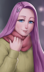 Size: 1172x1920 | Tagged: safe, artist:lvl, character:fluttershy, species:human, clothing, female, humanized, scarf, solo, sweater, sweatershy, wrong eye color