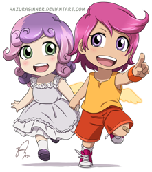 Size: 658x743 | Tagged: safe, artist:hazurasinner, character:scootaloo, character:sweetie belle, species:pegasus, species:pony, chibi, clothing, cute, cutealoo, diasweetes, dress, humanized, shoes, sneakers