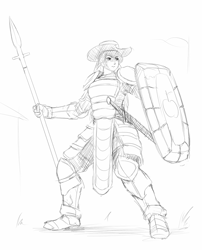Size: 700x868 | Tagged: safe, artist:lvl, character:applejack, species:human, armor, female, humanized, monochrome, shield, sketch, solo, spear, sword, weapon