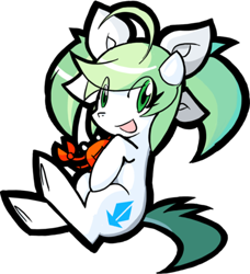Size: 400x438 | Tagged: safe, artist:rvceric, oc, oc only, oc:emerald green, species:crab, :t, bow, cute, looking at you, open mouth, pigtails, simple background, smiling, solo, transparent background