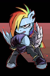 Size: 800x1209 | Tagged: safe, artist:tyuubatu, character:rainbow dash, episode:the cutie re-mark, abstract background, alternate timeline, amputee, apocalypse dash, augmented, clothing, crystal war timeline, female, looking at you, prosthetic limb, prosthetic wing, prosthetics, raised hoof, scar, solo, tongue out, uniform