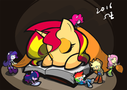 Size: 1254x890 | Tagged: safe, artist:rvceric, character:applejack, character:fluttershy, character:pinkie pie, character:rainbow dash, character:rarity, character:sunset shimmer, character:twilight sparkle, species:pony, species:unicorn, my little pony:equestria girls, book, chibi, clothing, doll, equestria girls minis, female, mane six, micro, skirt, sleeping, snot bubble, tank top, toy