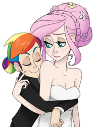 Size: 1024x1365 | Tagged: safe, artist:thelivingmachine02, character:fluttershy, character:rainbow dash, ship:flutterdash, alternate hairstyle, bedroom eyes, cleavage, clothing, dress, eyes closed, female, flower, flower in hair, hug, humanized, lesbian, poking, shipping, smiling, wedding