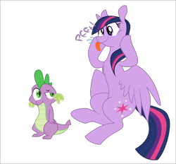 Size: 3746x3483 | Tagged: safe, artist:eagle1division, artist:miss-cats, derpibooru original, character:spike, character:twilight sparkle, character:twilight sparkle (alicorn), species:alicorn, species:dragon, species:pony, blep, chest fluff, deadpan, glare, onomatopoeia, pfft, raspberry, raspberry noise, silly, silly face, silly pony, simple background, sitting, text, tongue out, transparent background, vector