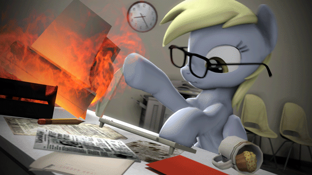 Size: 640x360 | Tagged: safe, artist:argodaemon, character:derpy hooves, species:pegasus, species:pony, 3d, 60 fps, animated, coffee mug, computer, cute, derpabetes, derpy doing derpy things, derpy hooves tech support, dexterous hooves, female, fire, food, glasses, horse taxes, i just don't know what went wrong, keyboard, mare, muffin, mug, office, scrunchy face, solo, source filmmaker, stomping