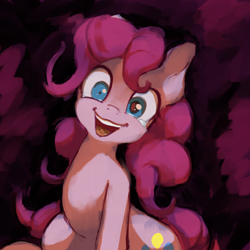 Size: 3000x3000 | Tagged: safe, artist:ruby, character:pinkie pie, species:earth pony, species:pony, abstract background, crazy face, crying, faec, female, hurting, insanity, looking at you, mismatched eyes, shrunken pupils, sitting, smiling, solo
