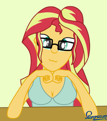 Size: 733x834 | Tagged: safe, artist:stargrazer, character:sunset shimmer, my little pony:equestria girls, :3, cleavage, female, freckles, glasses, looking at you, solo