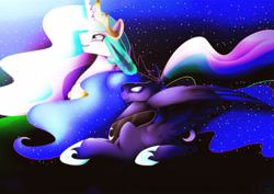 Size: 4000x2828 | Tagged: safe, artist:minelvi, character:princess celestia, character:princess luna, eyes closed, magic, night, open mouth, prone, spread wings, stars, wings