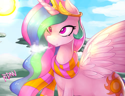 Size: 1300x1004 | Tagged: safe, artist:drbdnv, character:princess celestia, species:alicorn, species:pony, breath, clothing, cold, female, mare, open mouth, pinklestia, scarf, smiling, solo, spread wings, wings
